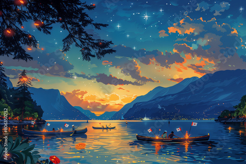 A painting depicting boats on a lake, showcasing serene waters and vibrant scenery Canada Day