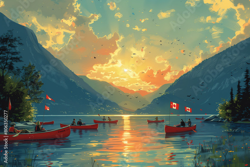 Multiple individuals rowing boats on a lake with mountains in the background Canada Day