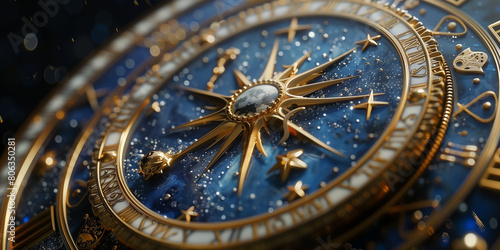Detailed view of a blue and gold watch astrological signs