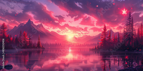 A painting depicting a colorful sunset over a serene lake Canada Day