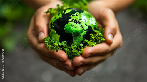 Fototapeta Naklejka Na Ścianę i Meble -  A person holding a green earth in their hands.
