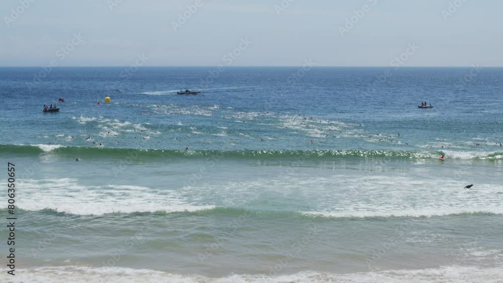 Portugal, Oeiras, Lisbon 05.05.2024. Sprint triathlon individual national championship: swimming, cycling and running. Ocean swim stage. Portugal, Oeiras, Lisbon 05.05.2024. Sprint triathlon individual national championship: swimming, cycling and running. Ocean swim stage.