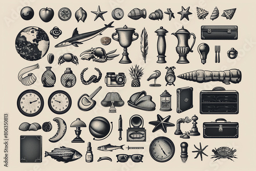 Collection of diverse objects of different types displayed on a plain white background photo