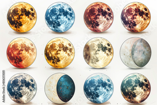 Collection of different moon phases each displayed in a unique color palette