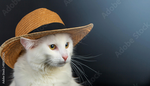Profile of a white cat in a straw hat  on a black background.