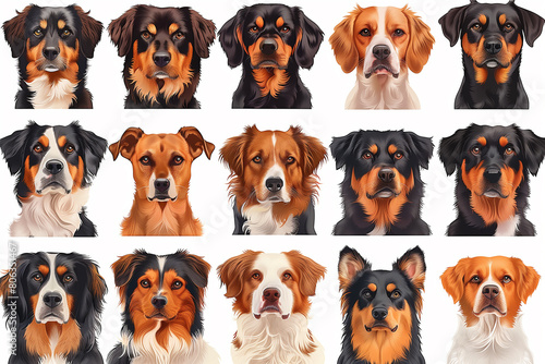 Various dogs displaying diverse facial expressions in a group setting