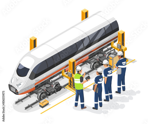 Train maintenance service training career concept Engineer and mechanic work together in garage station isometric isolated cartoon vector photo