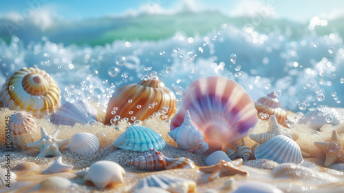A beautiful beach scene with colorful seashells and starfish, set against the backdrop of sparkling blue water and gentle waves © Sergii