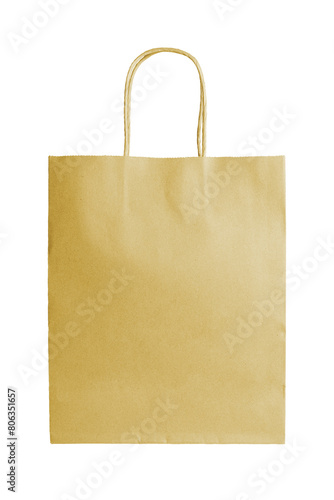 Blank yellow craft paper bag packaging isolated on white, transparent background. Eco friendly shopping bag made from recycled paper, ecology, recycling concept. Mockup, template, copy space