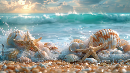A beautiful beach scene with colorful seashells and starfish, set against the backdrop of sparkling blue water and gentle waves © Sergii