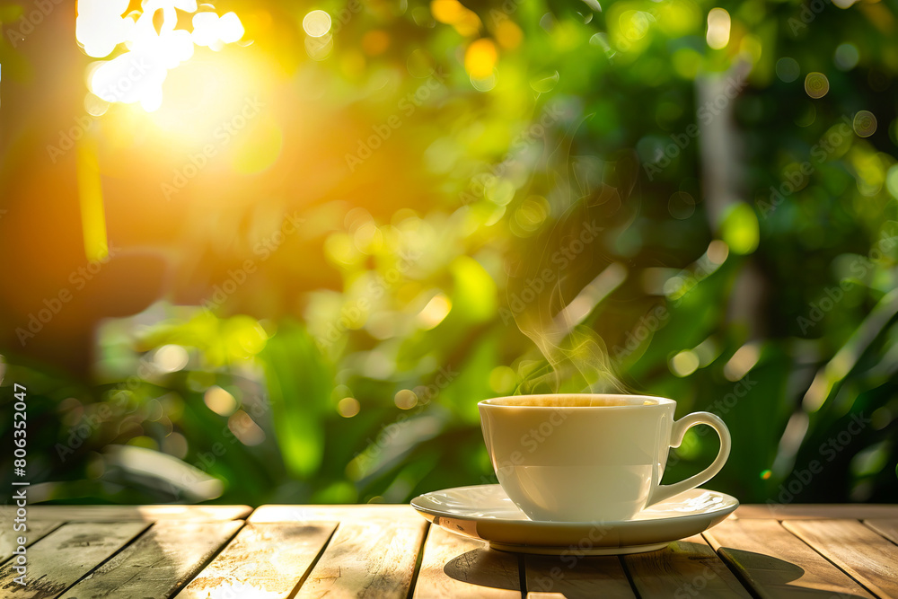 A cup of coffee on a wooden table in the sun. A cup of coffee on a wooden table in the sun.