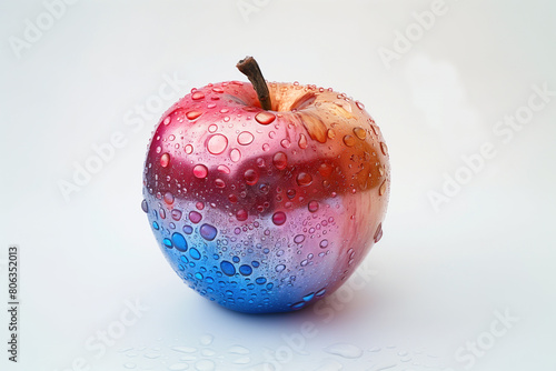 colored apple with metallic shade skin covered with water drops on a white background