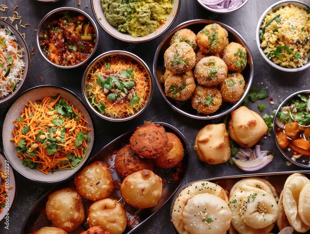 delightful array of Bombay chat food featuring golgappa or panipuri, bhel-puri, sev-poori, dahipuri, Ragda pattice, raj kachori, and more. Each dish is a burst of flavor, 