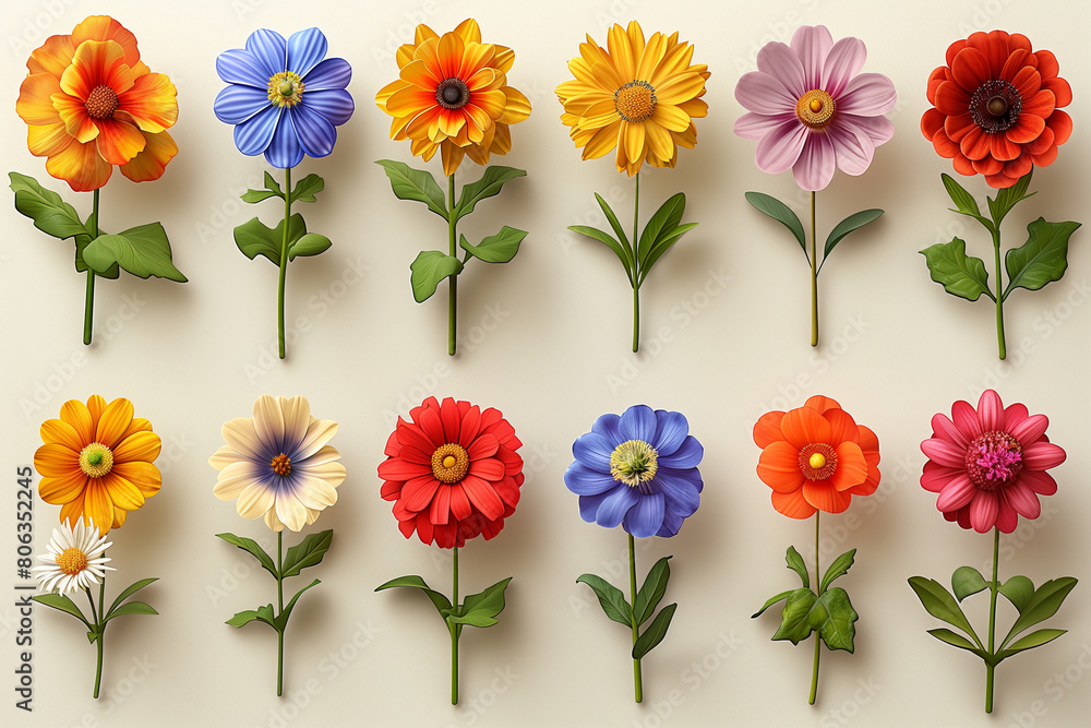Collection of various flowers arranged on a white wall for decoration Collection of various flowers arranged on a white wall for decoration