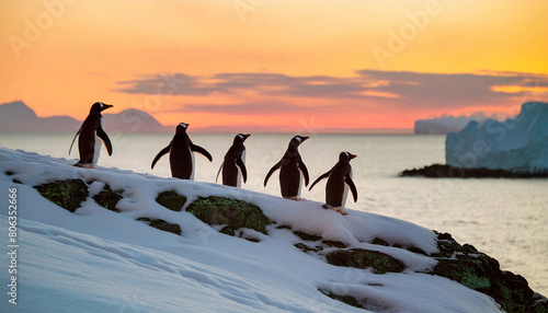 Five penguins stand on a snowy cliff edge with a sunrise background. 