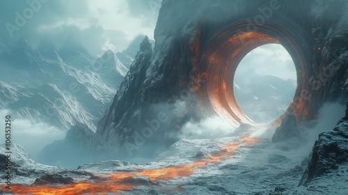 Grey and white mountain landscape with orange light path leading to a circular gate portal inside the mountain