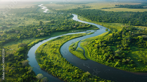 Aerial view of a winding river in a protected conservation area. photo