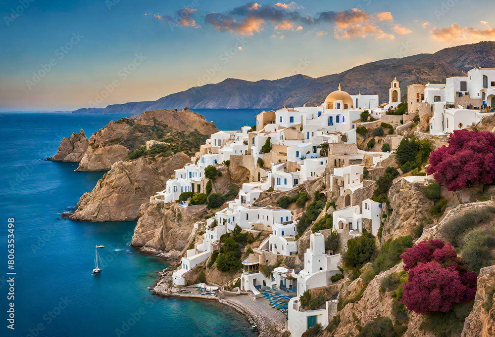 Griechisches Dorf malerisch auf den Felsen über dem Meer gelegen