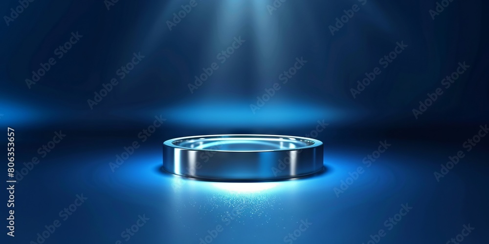 A silver ring with blue light shining on it. A silver ring with blue light shining on it.