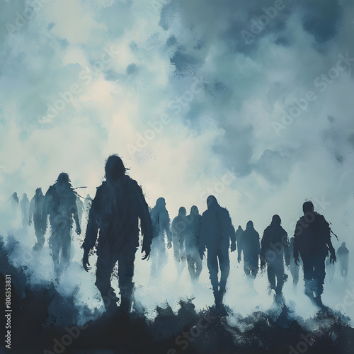 Zombie horde emerges from the mist, Halloween concept. © EEKONG