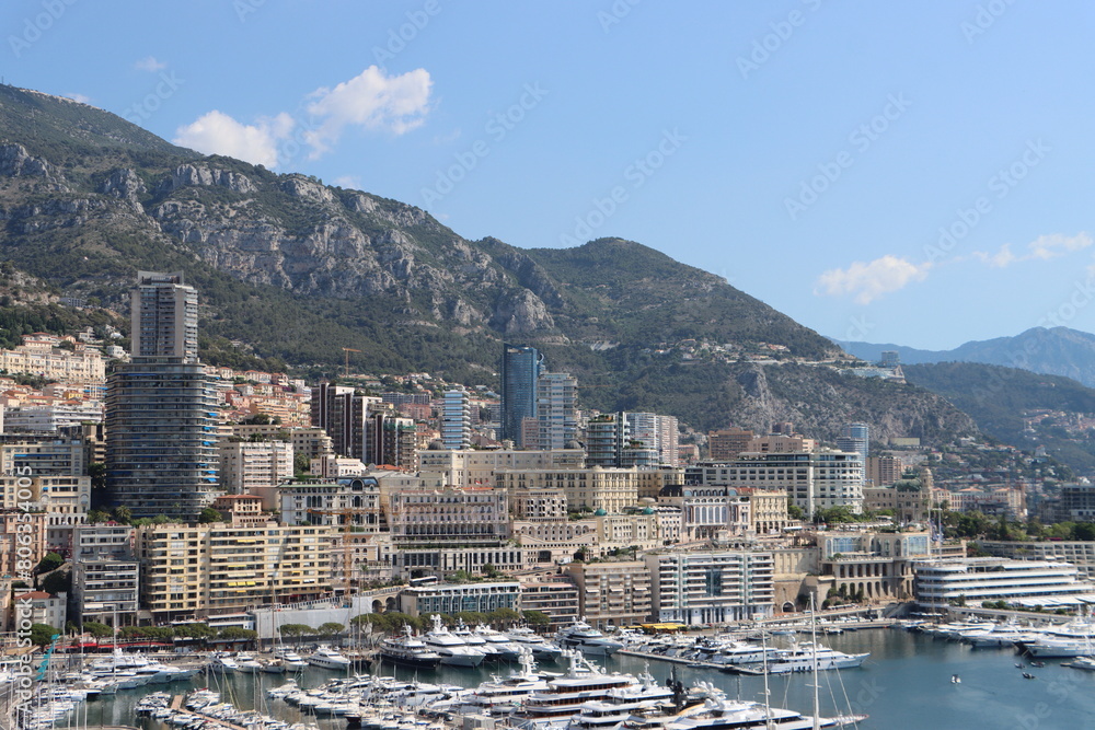 view of monaco, mountains, hotels, apartments and boats
