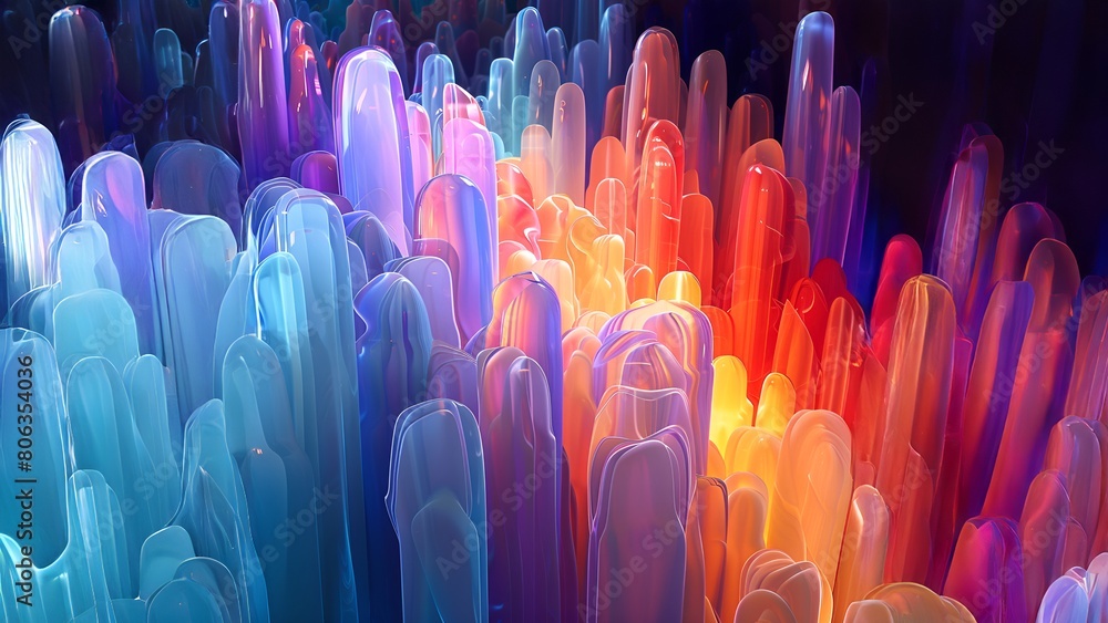 Obraz premium Abstract 3D render of colorful translucent crystal pillars with a smooth glossy surface and a bright inner glow
