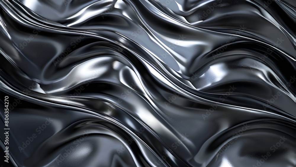 Fototapeta premium Abstract 3D rendering of liquid metal surface with smooth waves and ripples in elegant silver color
