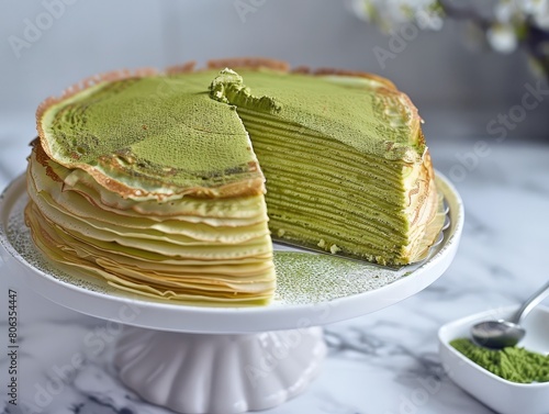 delightful Matcha green tea crepe cake, layer upon layer of thin, delicate crepes infused with the rich flavor of matcha. A decadent treat for any occasion! 
