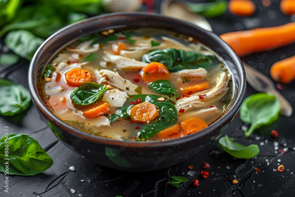 Nutritious Chicken Soup Bowl with Carrots, Spinach and Spices