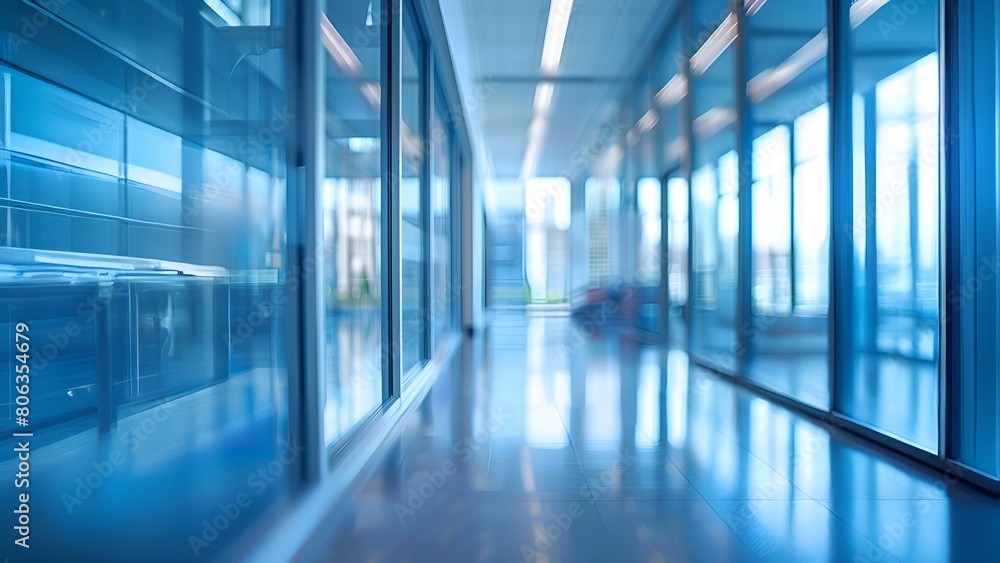 Abstract blurred background of modern empty glass office corridor interior with blue reflective walls and shiny tiled floor Abstract blurred background of modern empty glass office corridor interior with blue reflective walls and shiny tiled floor