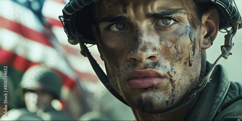 Wallpaper Mural Memorial Day concept. Close up portrait of a handsome soldier with dirty face standing near his companions in arms and national flag. Banner style. Torontodigital.ca