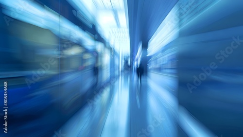 Blue motion blur of people walking in a modern glass building