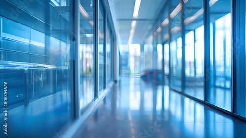 Abstract blurred background of modern empty glass office corridor interior with blue reflective walls and shiny tiled floor