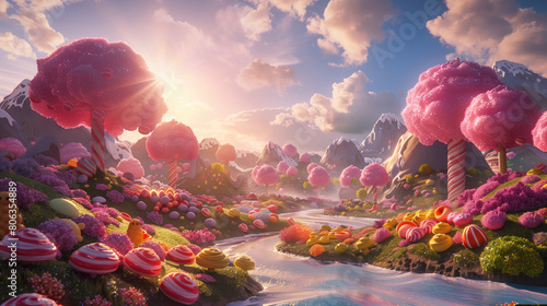 Whimsical candyland landscape with colorful candy trees, lollipop flowers, and a winding chocolate river under a bright sky. photo