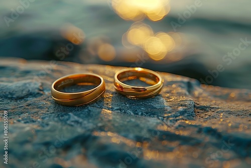 Golden Wedding Rings by the Sea at Sunset