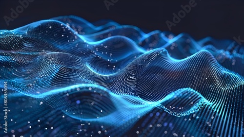 Abstract Blue Wavy Digital Landscape with Particles