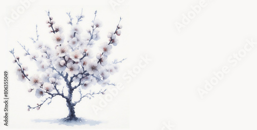 Watercolor painting of a blooming cherry tree, isolated on a white background with copy space to add text