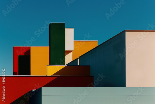 Avant-garde architecture concept. Front view to a building with walls painted in different vibrant colors over blue sky Suprematism style. Text space. Sunny weather. Outdoor shot