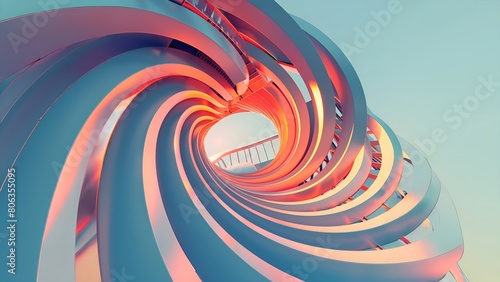 Abstract 3D rendering of a futuristic tunnel with a glowing spiral staircase leading upwards