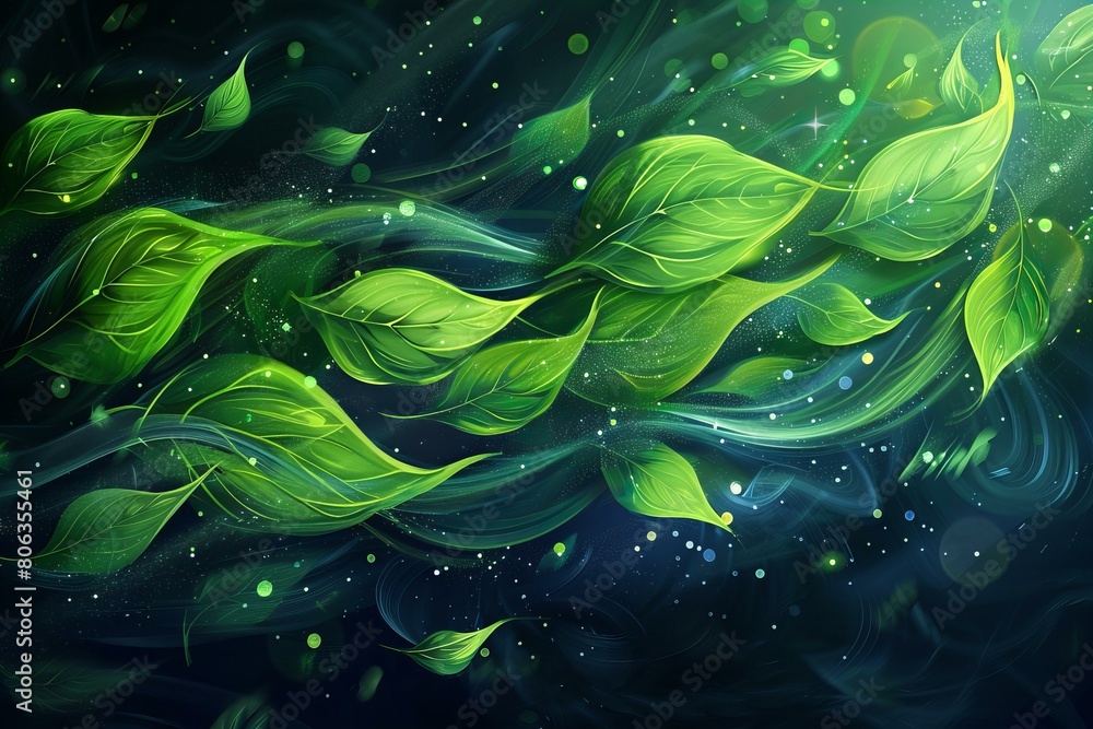 Obraz premium Ethereal Green Leaves Swirling in a Sparkling Dark Vortex