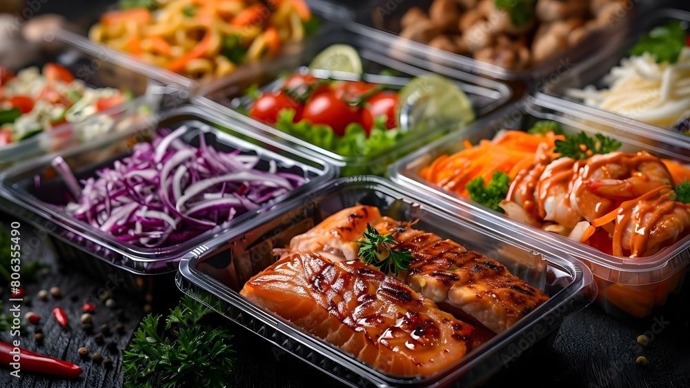 A Variety of International Cuisines Available in Convenient Takeaway Containers. Concept Takeaway Options, Global Cuisine, Convenient Dining, International Flavors, Food To-Go