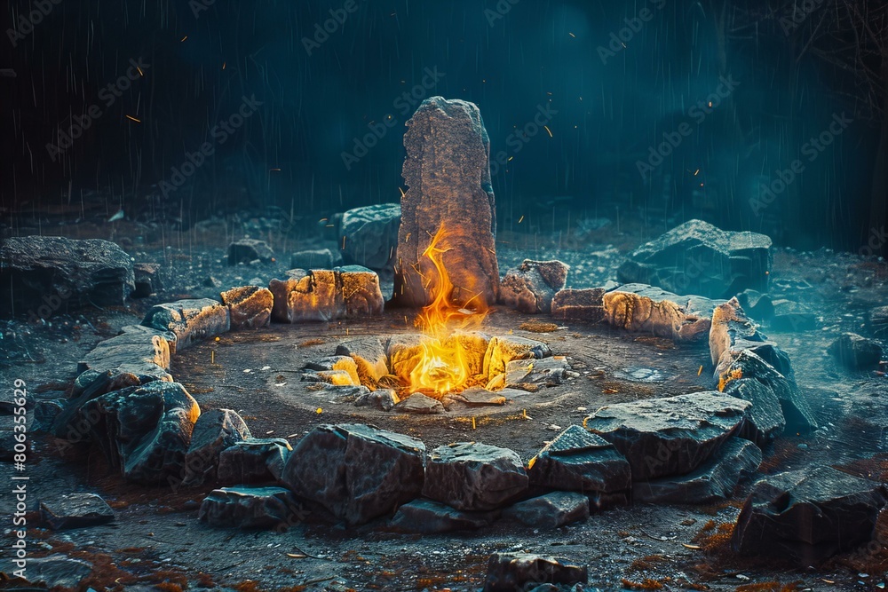 Ancient Stone Circle with Central Fire in a Mystical Forest