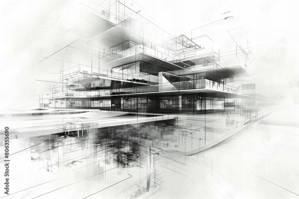 Futuristic Architecture Concept Sketch in Monochrome