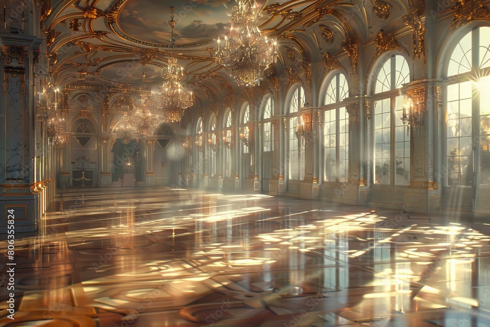 Obraz premium Luxurious Baroque Ballroom With Golden Chandeliers In Sunlight