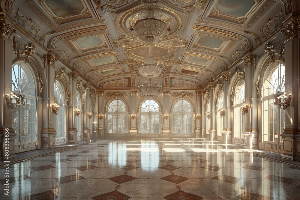 Elegant and Luxurious Ballroom with Ornate Architecture and Natural Light