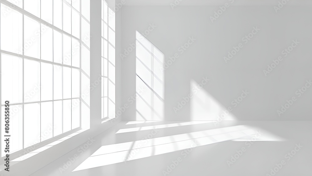 Fototapeta premium Bright white room with large windows and sunlight shining through