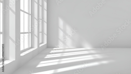 Bright white room interior with large windows and sunlight shining through
