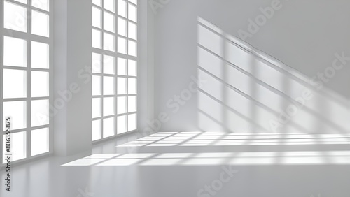 Bright white room with large windows and sunlight shining through