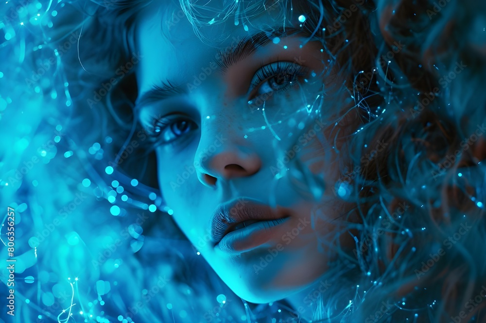 A beautiful girl with curly luminescent fiber optics hair, Generative AI A beautiful girl with curly luminescent fiber optics hair, Generative AI