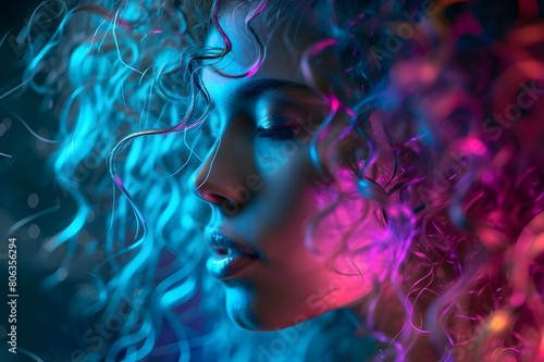 A beautiful girl with curly luminescent fiber optics hair, Generative AI